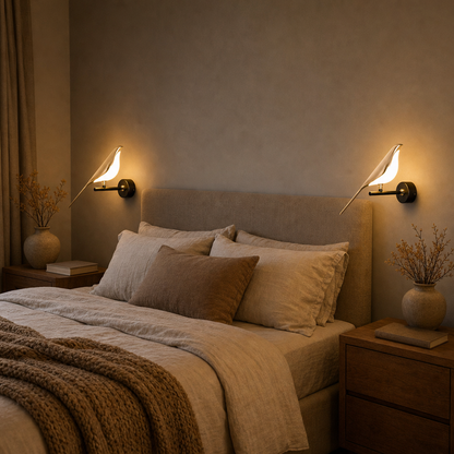 Two Avia bird wall lights as bedside lights in the bedroom