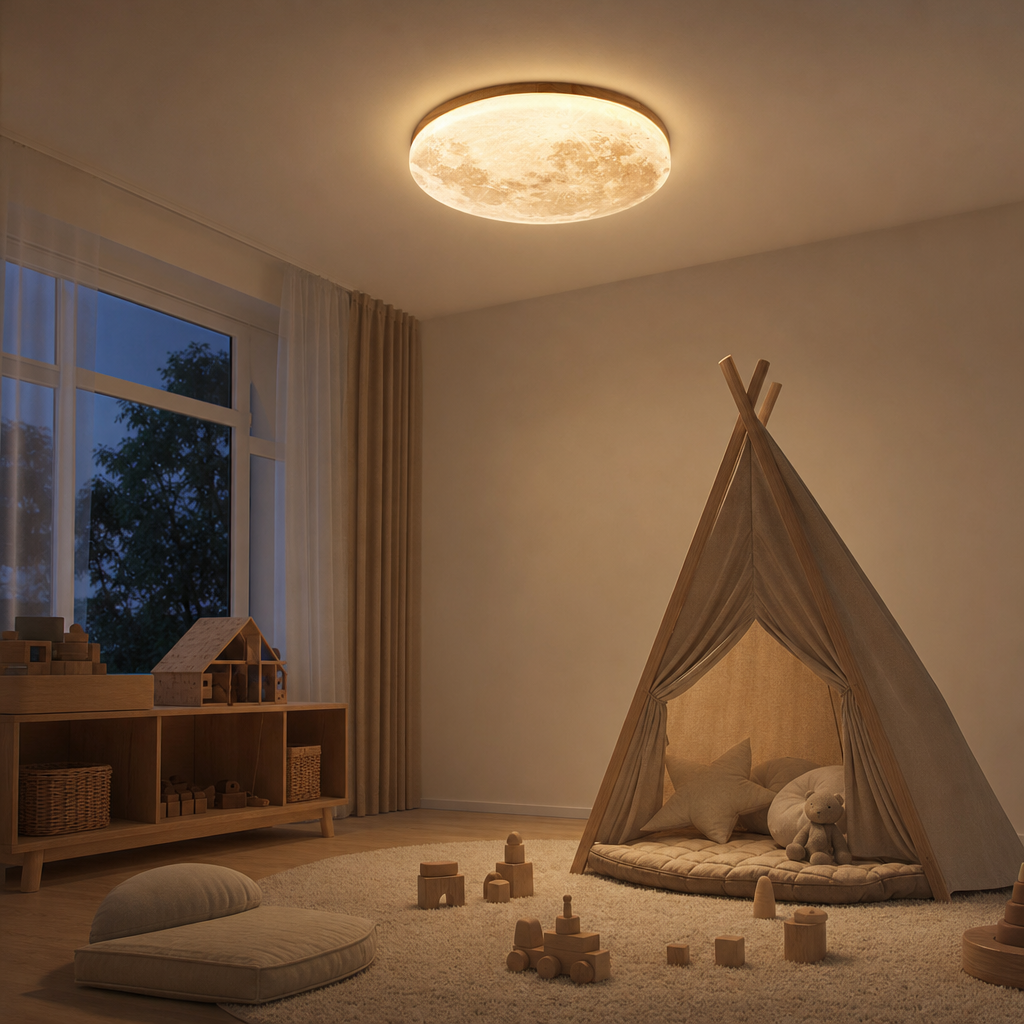 Luna moon ceiling light in a Scandinavian kids room with play tent