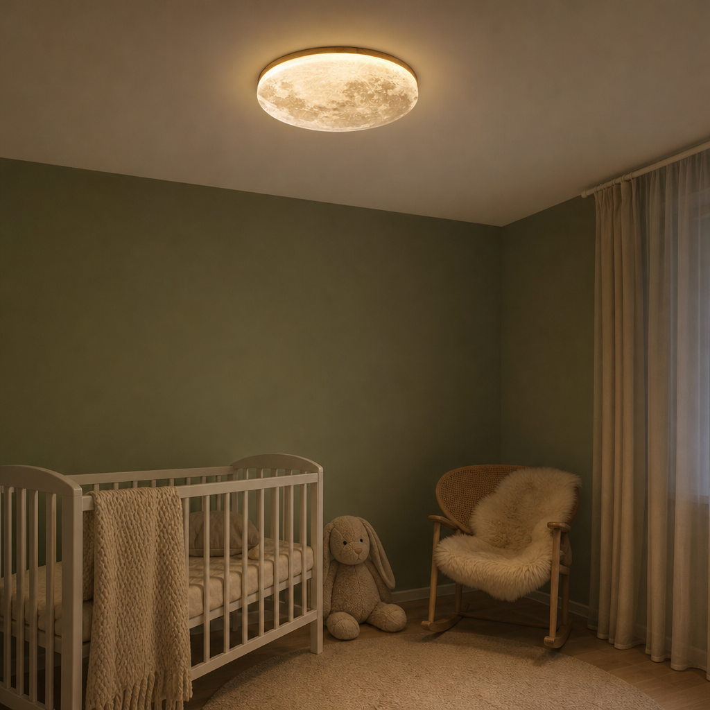 Luna moon ceiling light in a calm nursery above the baby crib