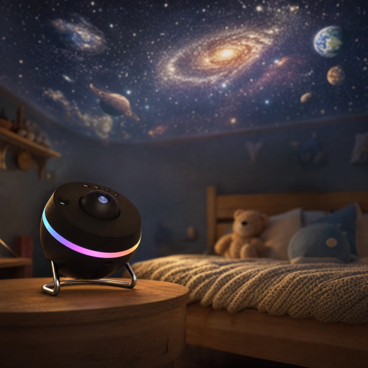 Galaxy star projector Cosmo projecting stars and planets onto the kids room ceiling