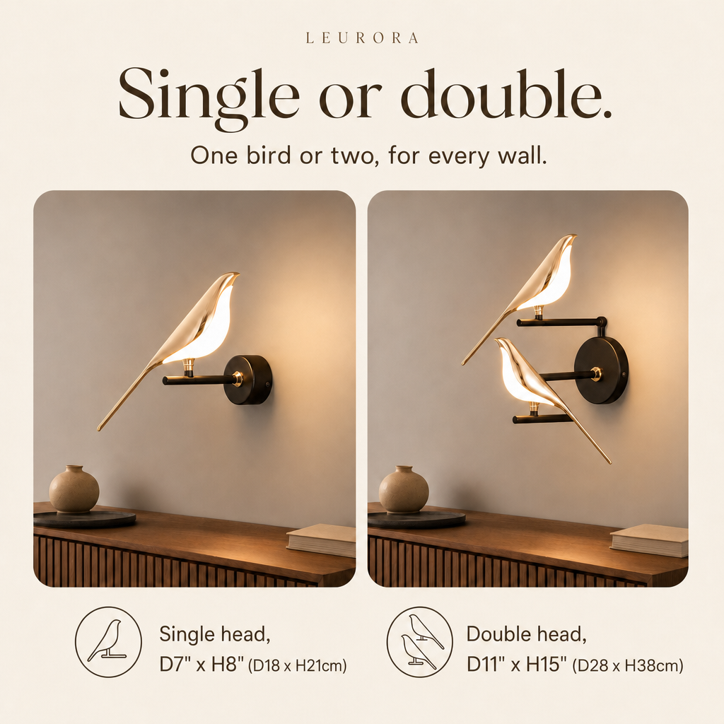 Avia bird wall light single or double, D7" x H8" (D18 x H21cm) and D11" x H15" (D28 x H38cm)