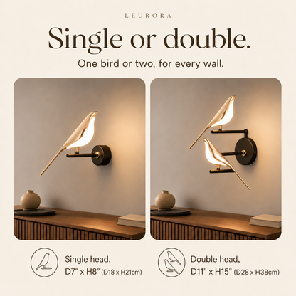 Avia bird wall light single or double, D7" x H8" (D18 x H21cm) and D11" x H15" (D28 x H38cm)