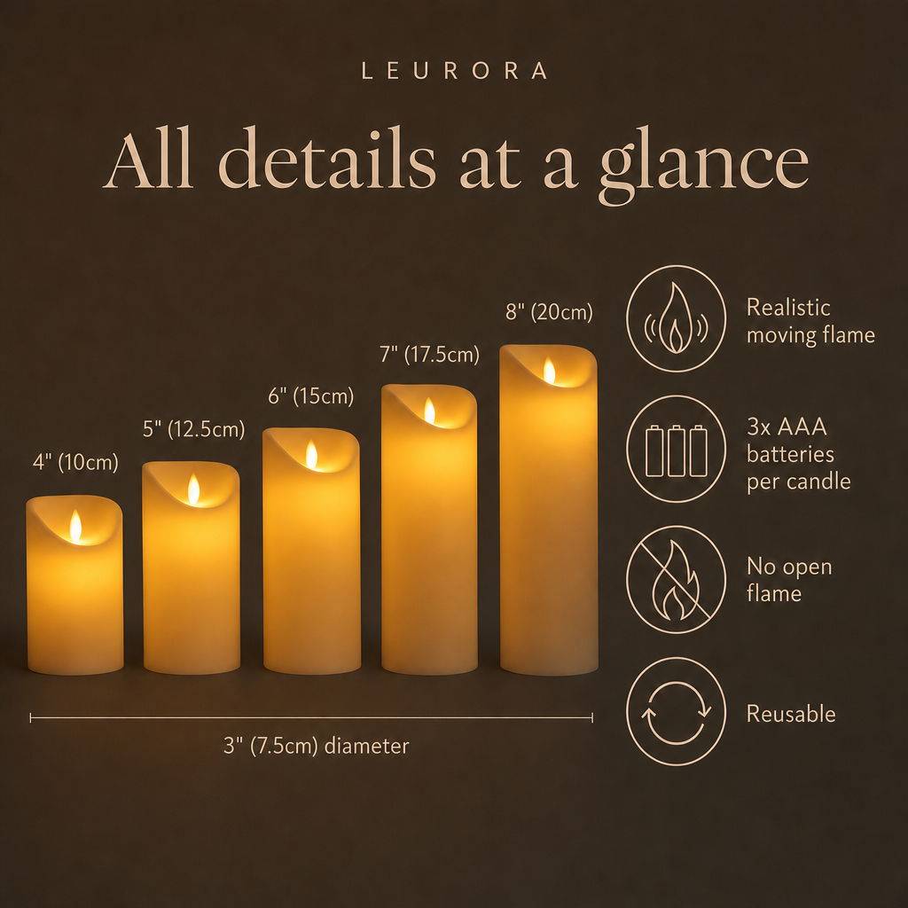 LED pillar candles at a glance: 3" (7.5cm) diameter, heights 4" to 8" (10 to 20cm), 3x AAA batteries, reusable