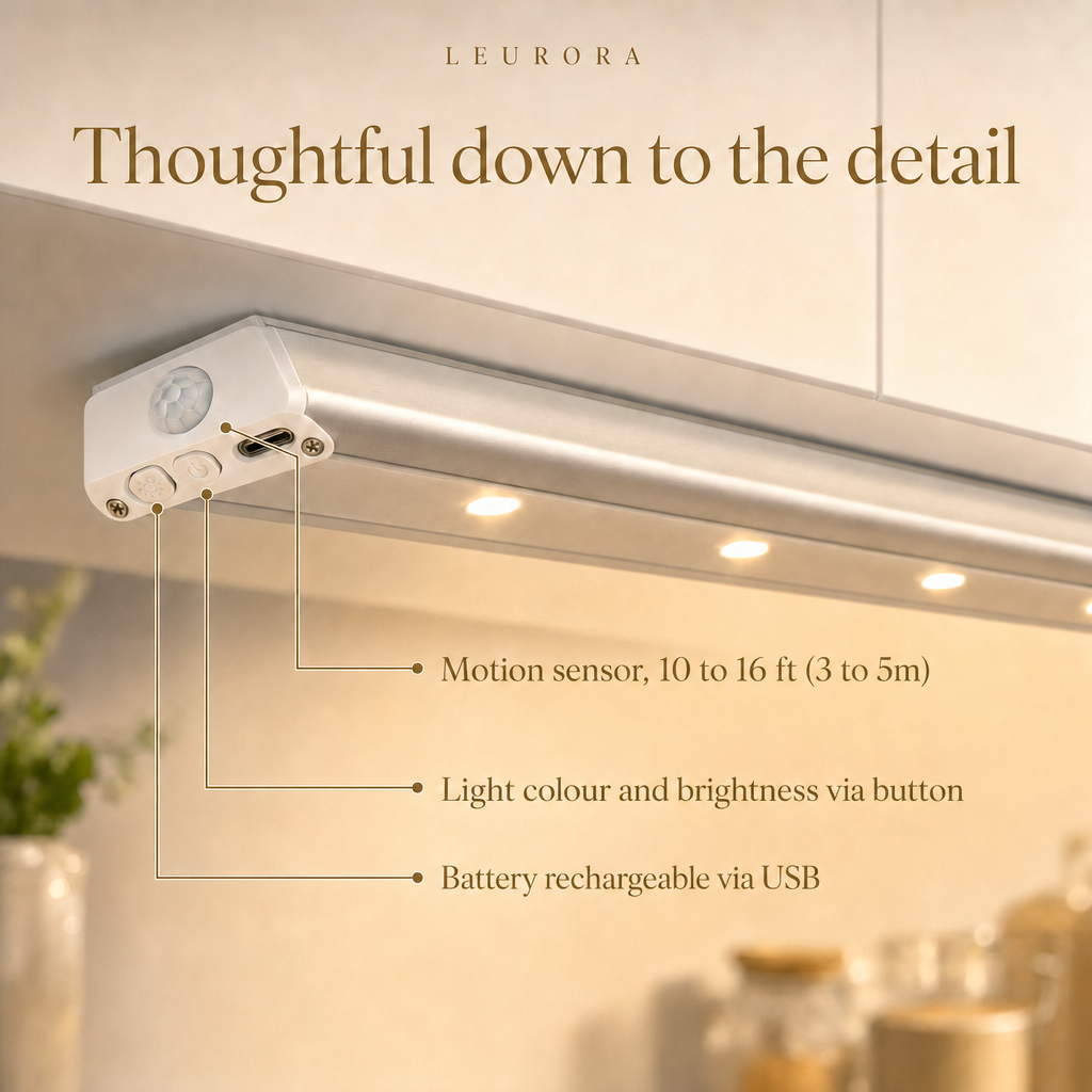 SmartKitchen details with motion sensor, buttons for light colour and brightness and USB charging port