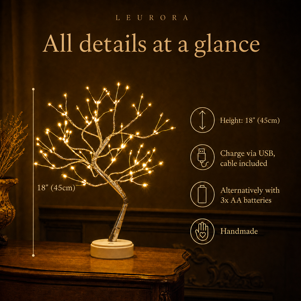 Magic Light Tree at a glance: height 18" (45cm), USB charging, 3x AA batteries, handmade