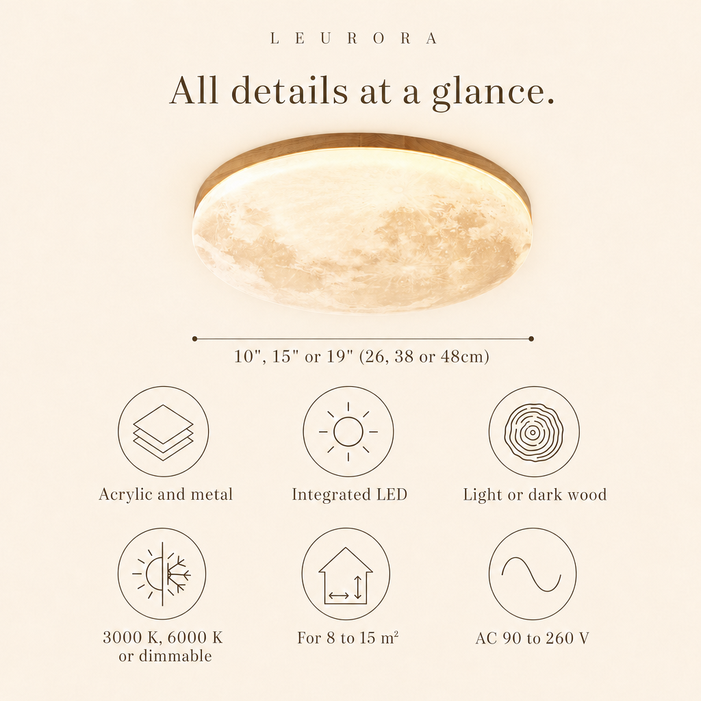 Luna all details at a glance, D10", 15" or 19" (26, 38 or 48cm), integrated LED, light or dark wood