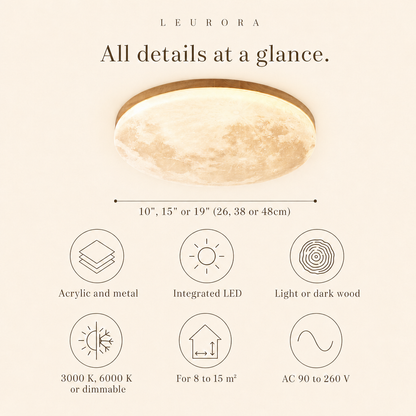 Luna all details at a glance, D10", 15" or 19" (26, 38 or 48cm), integrated LED, light or dark wood