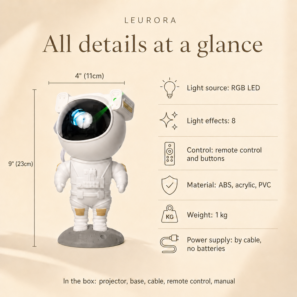 Astronaut projector specifications: 9" (23cm) high, RGB LED, 8 light effects, remote control, 1 kg