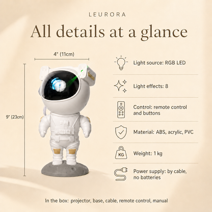 Astronaut projector specifications: 9" (23cm) high, RGB LED, 8 light effects, remote control, 1 kg