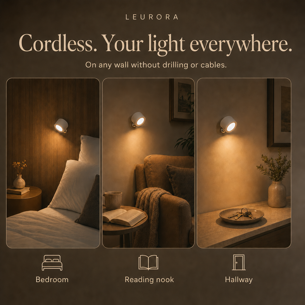 Cordless EasyLamp wall light in the bedroom, reading nook and hallway