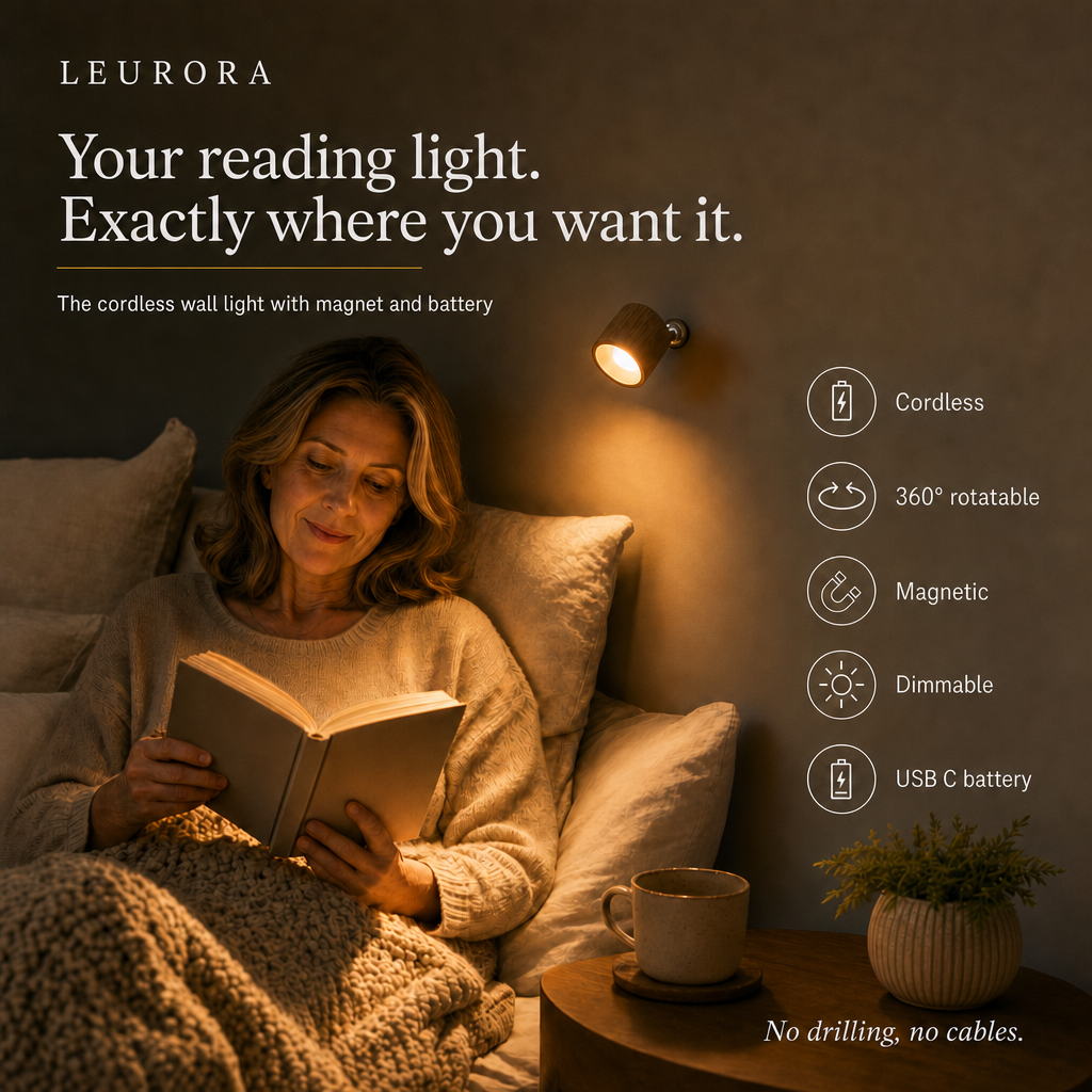 Woman reading in bed under the cordless EasyLamp wall light, 360 degree rotatable and dimmable