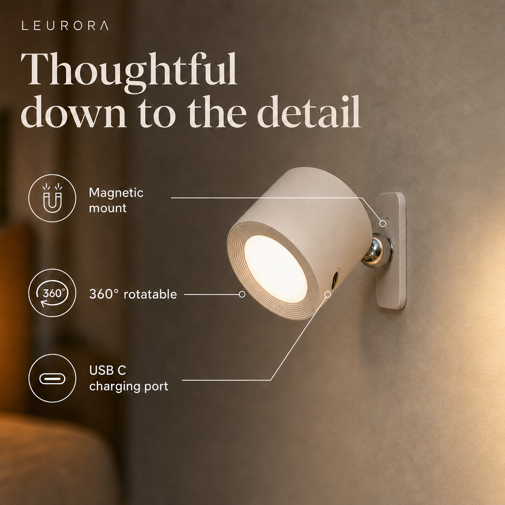 EasyLamp details: magnetic mount, 360 degree rotatable, USB C charging port