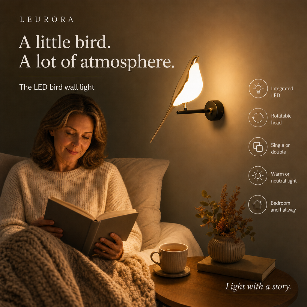 Woman reading in bed next to the Avia LED bird wall light