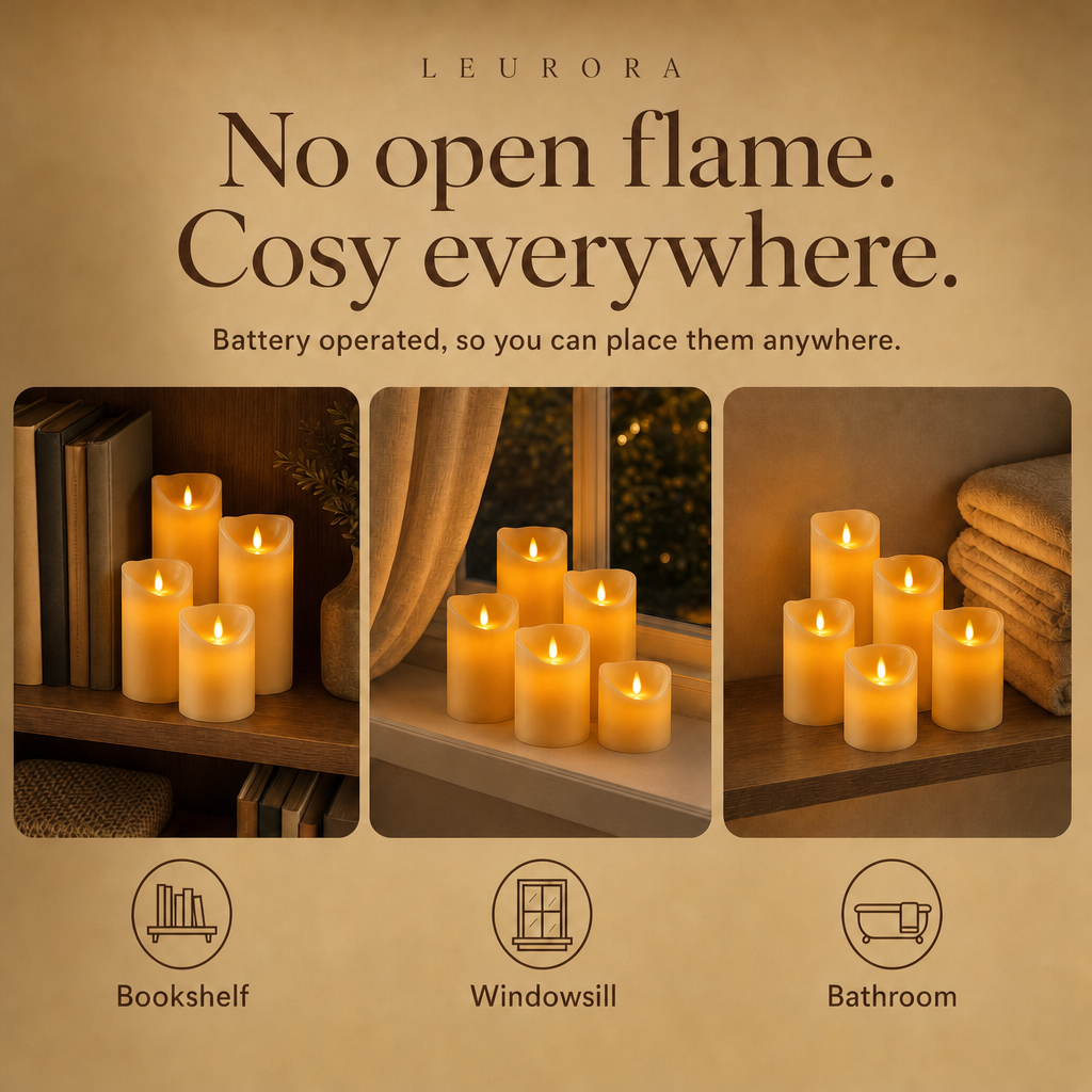 Battery operated LED candles on the bookshelf, windowsill and in the bathroom