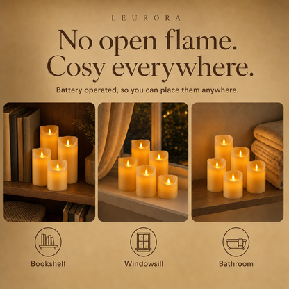 Battery operated LED candles on the bookshelf, windowsill and in the bathroom