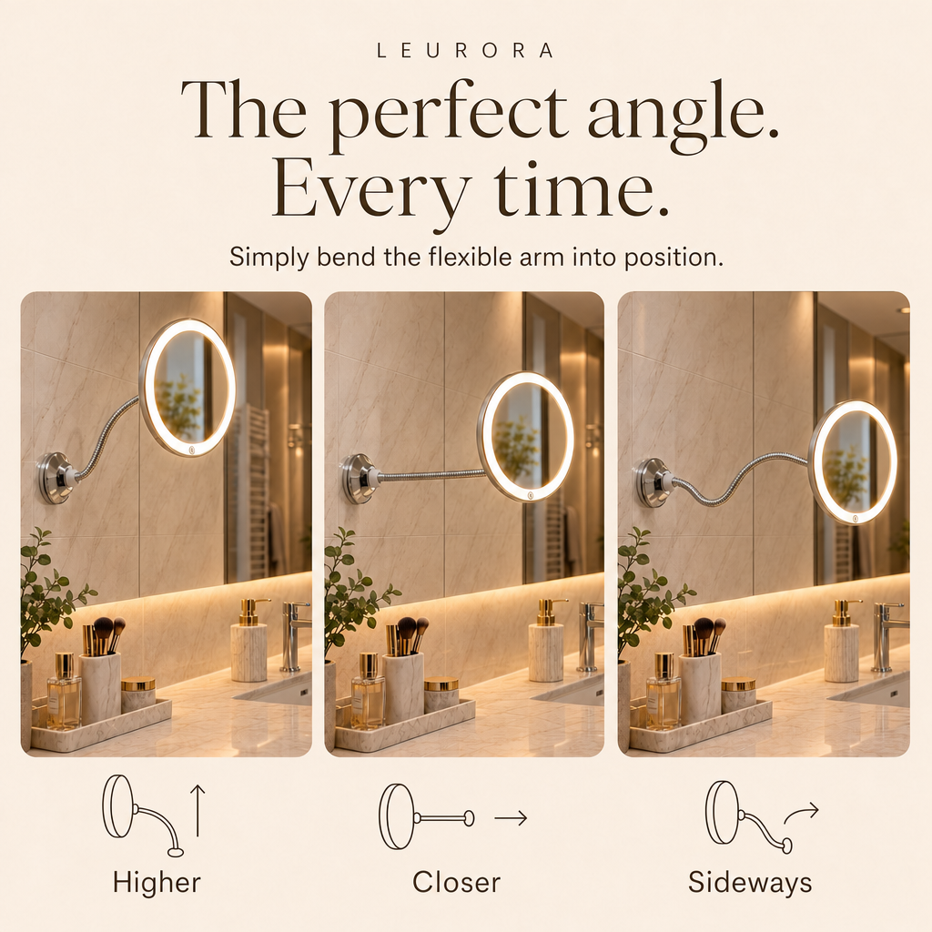 Flexible arm of the LED makeup mirror bent higher, closer or sideways