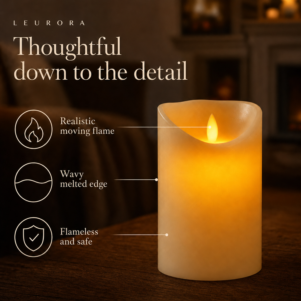 LED pillar candle details: realistic moving flame, wavy melted edge, flameless and safe