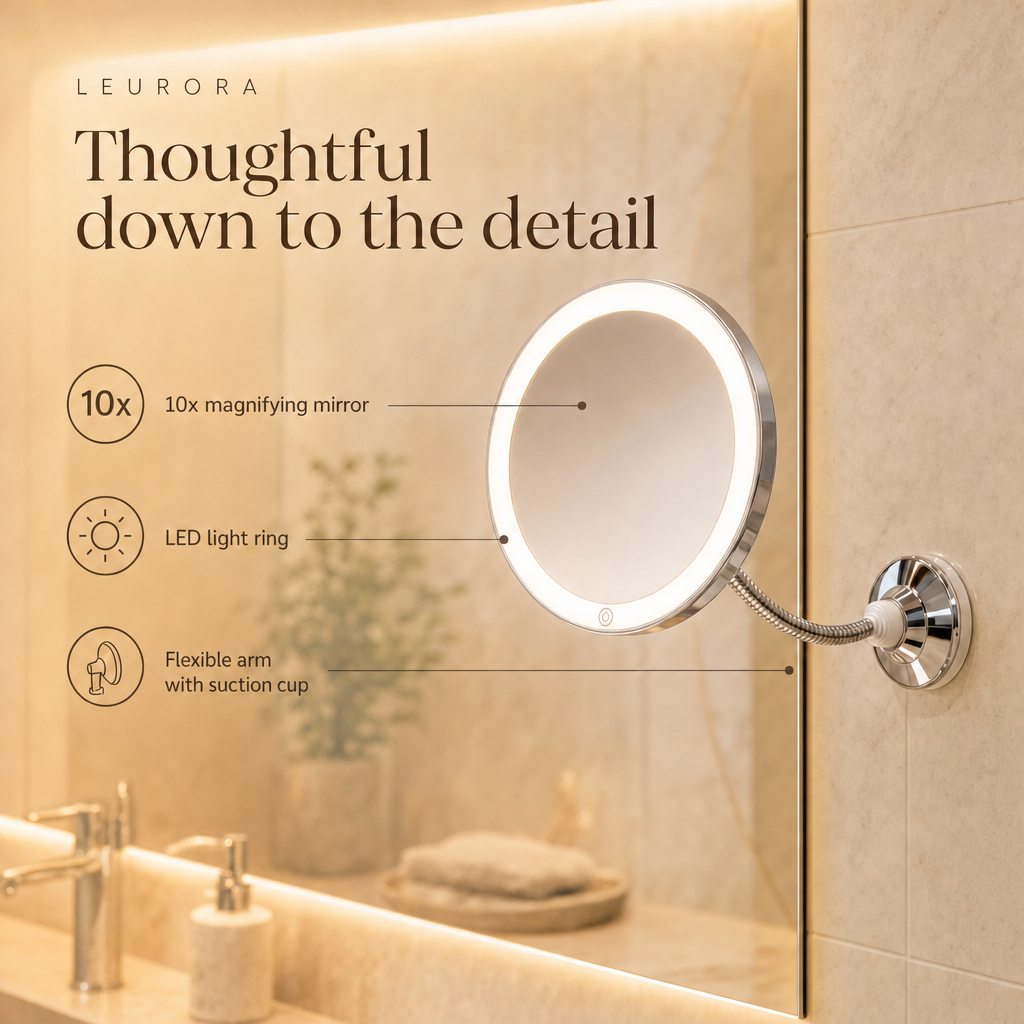 LED makeup mirror details: 10x magnifying mirror, LED light ring, flexible arm with suction cup