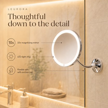 LED makeup mirror details: 10x magnifying mirror, LED light ring, flexible arm with suction cup