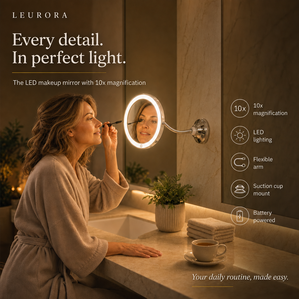 Woman applying makeup with the illuminated LED makeup mirror with 10x magnification and suction cup