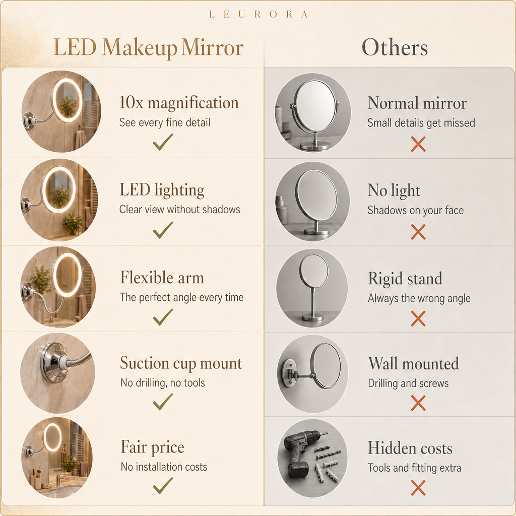 LED makeup mirror vs others: 10x magnification, LED lighting, flexible arm, suction cup mount