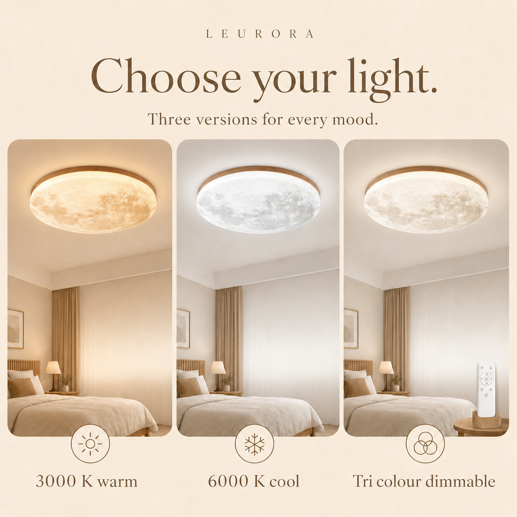 Luna ceiling light in 3000 K warm, 6000 K cool or tri colour dimmable