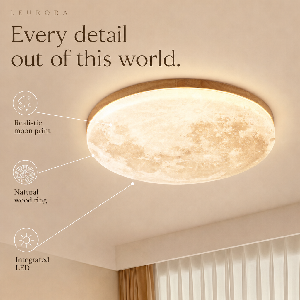 Luna details, realistic moon print, natural wood ring, integrated LED