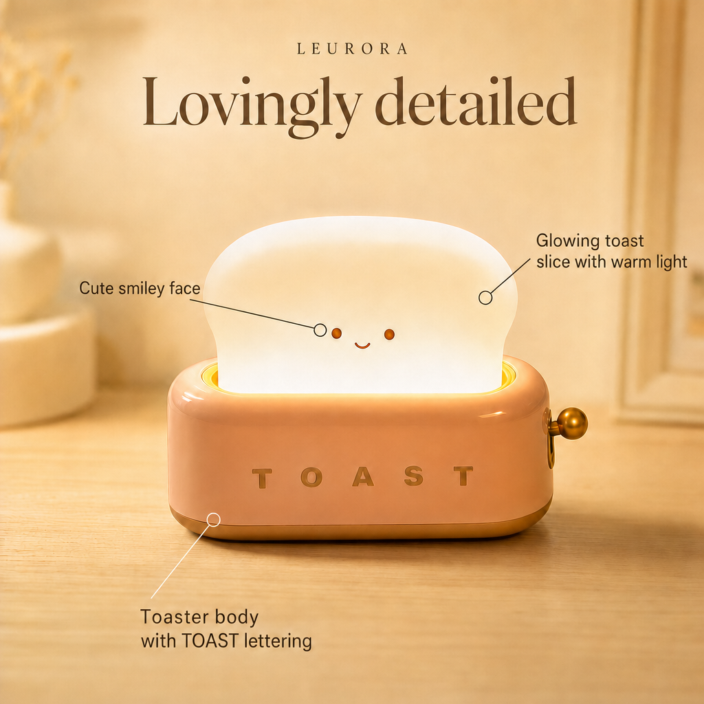 ToastLight details: smiley face, glowing toast slice, toaster body