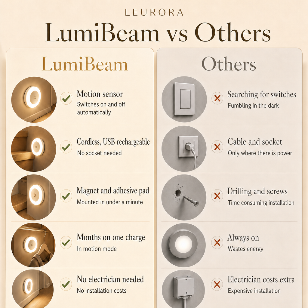 LumiBeam vs others: motion sensor, cordless, USB rechargeable, magnet and adhesive pad