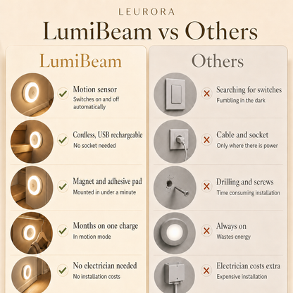 LumiBeam vs others: motion sensor, cordless, USB rechargeable, magnet and adhesive pad