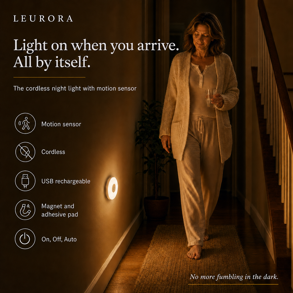 Woman walking down the hallway at night as the cordless LumiBeam motion sensor night light switches on