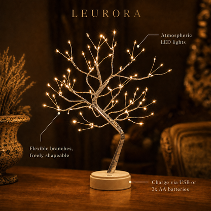 Magic Light Tree details: atmospheric LED lights, flexible branches, charging via USB or 3x AA batteries