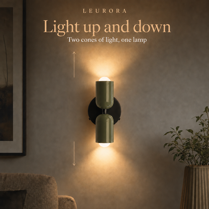 Orion LED wall light with light up and down, two cones of light on the wall