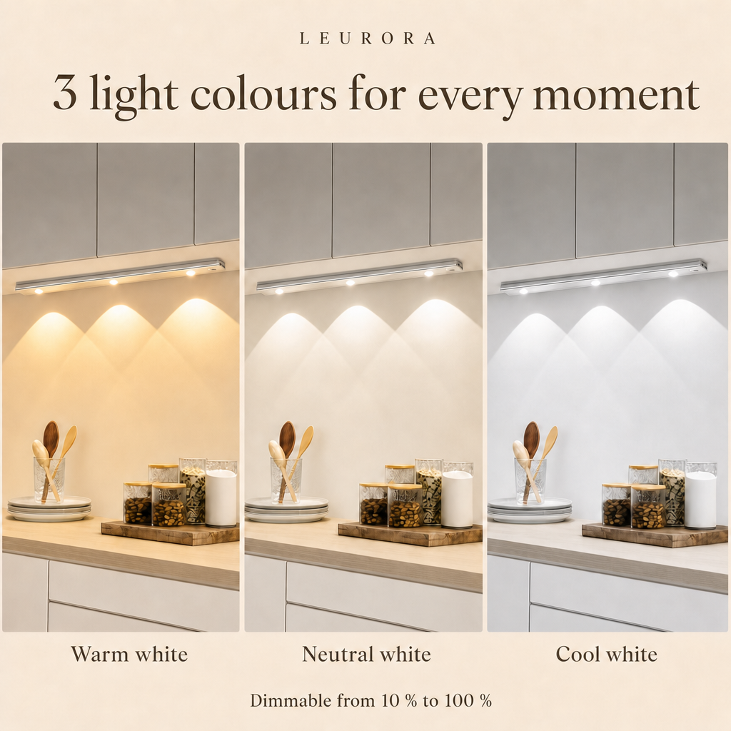 LED under cabinet kitchen light with 3 light colours, dimmable from 10 to 100 percent