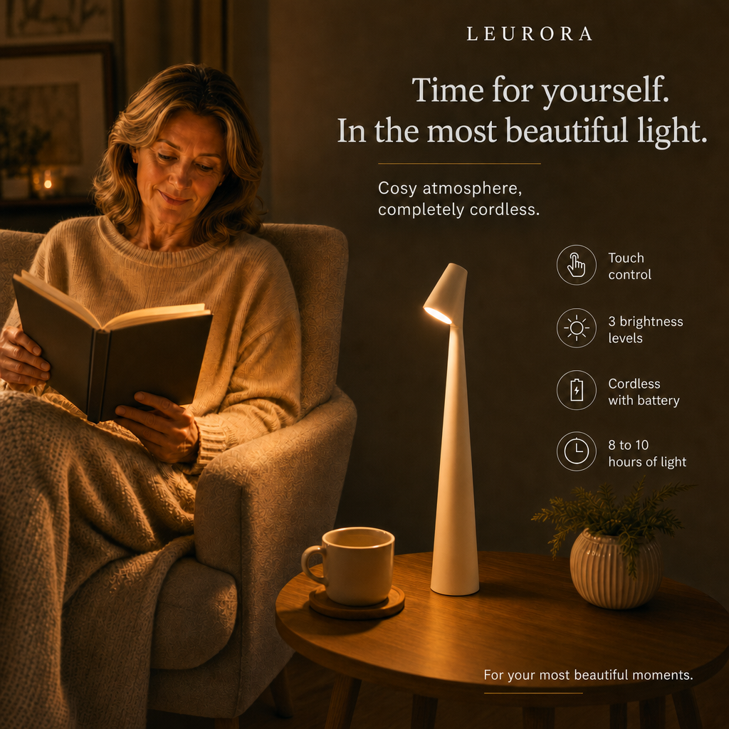 Woman reading in an armchair with the LumiNord cordless LED table lamp, touch control and 3 brightness levels