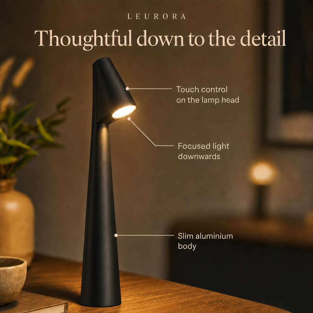LumiNord details: touch control on the lamp head, focused light downwards, slim aluminium body