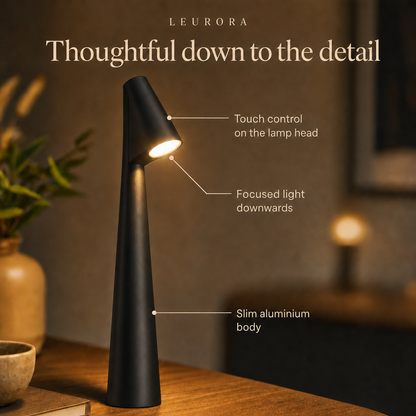 LumiNord details: touch control on the lamp head, focused light downwards, slim aluminium body