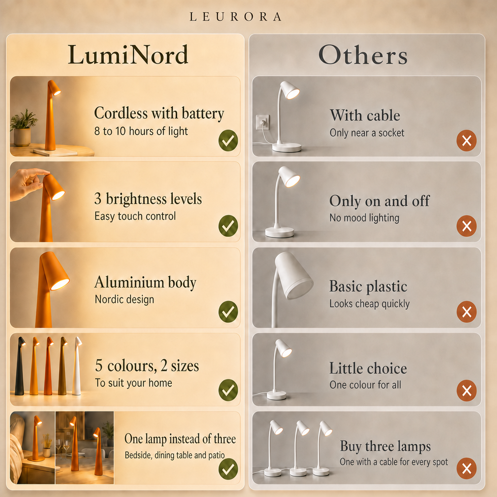LumiNord vs others: orange cordless LED table lamp with battery, 3 brightness levels by touch, aluminium body, 5 colours and 2 sizes