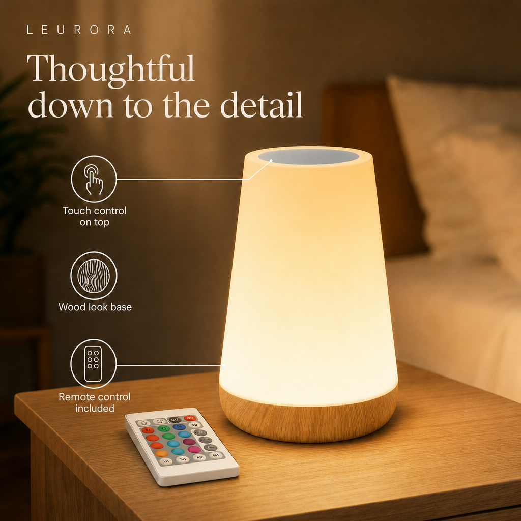 LumiMood details, touch control on top, wood look base and remote control