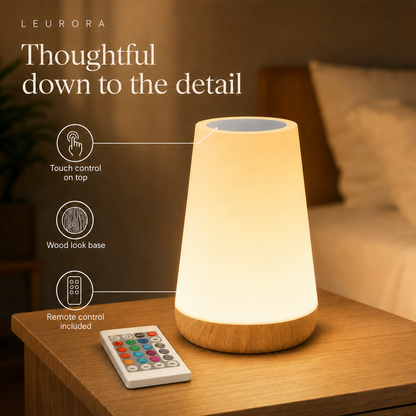LumiMood details, touch control on top, wood look base and remote control
