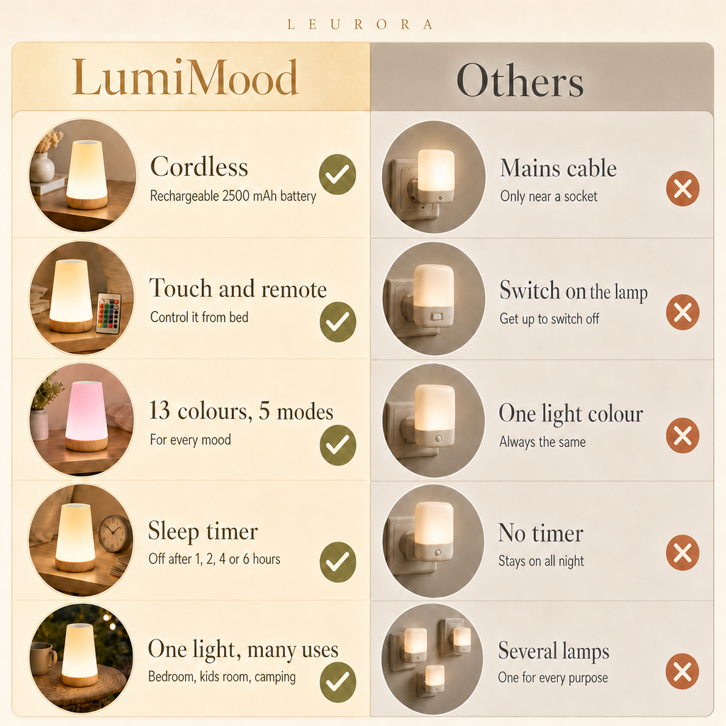 LumiMood vs others, cordless rechargeable night light with touch, remote and timer compared