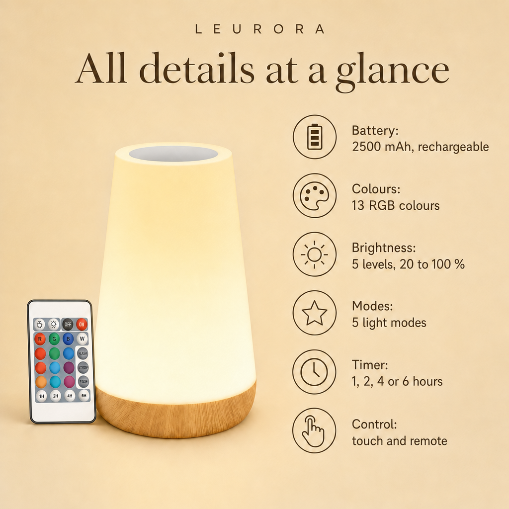 LumiMood all details at a glance, 2500 mAh battery, 13 colours, 5 brightness levels, timer
