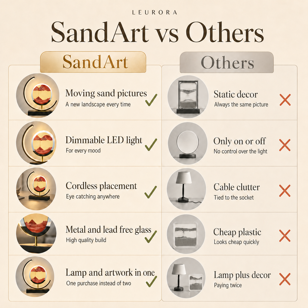 SandArt vs others: moving sand pictures, dimmable LED light, cordless, metal and lead free glass