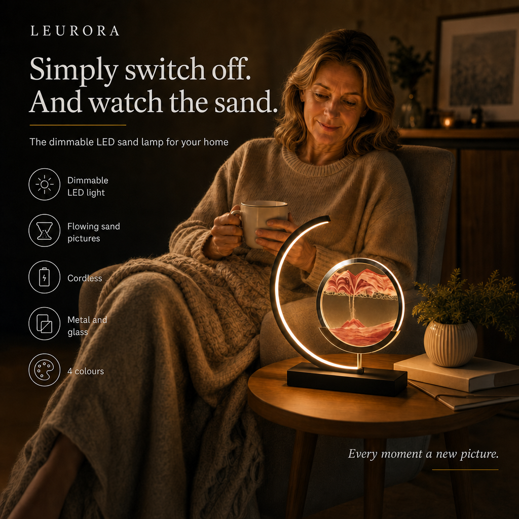 Woman relaxing with tea next to the dimmable LED sand lamp SandArt in the armchair