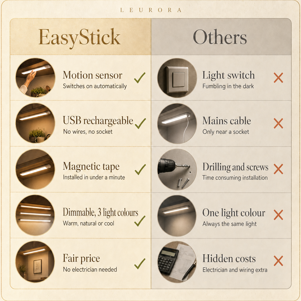 EasyStick vs others, wireless LED under cabinet light with motion sensor compared