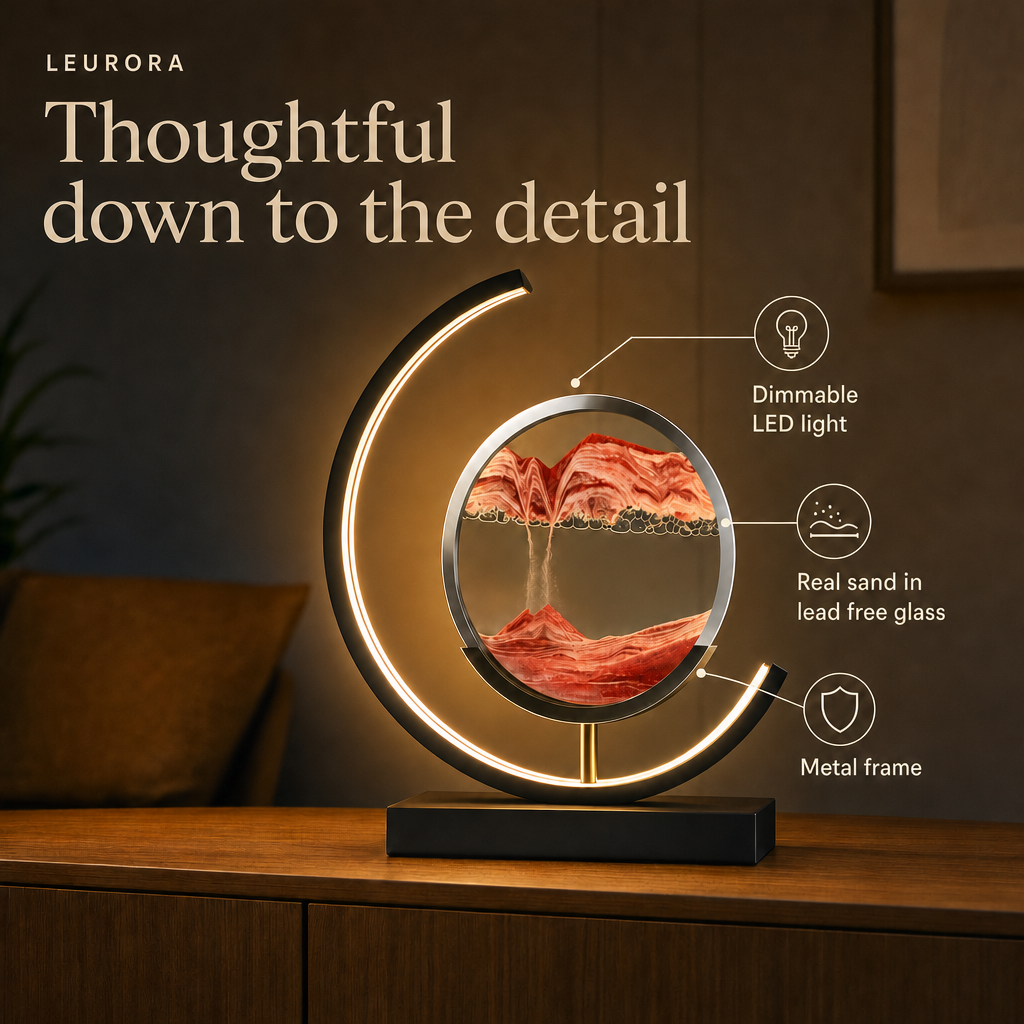 SandArt details: dimmable LED light, real sand in lead free glass, metal frame