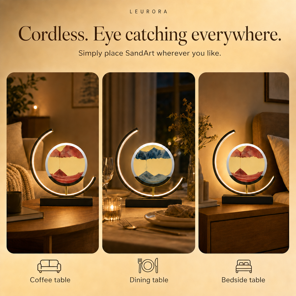 Cordless SandArt sand lamp on the coffee table, dining table and bedside table