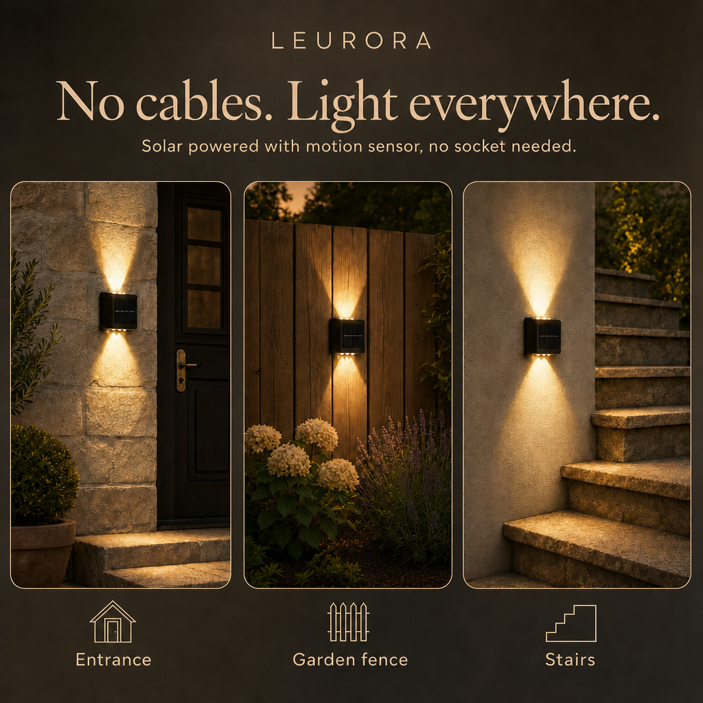 Cordless solar outdoor light at the entrance, on the garden fence and on the stairs