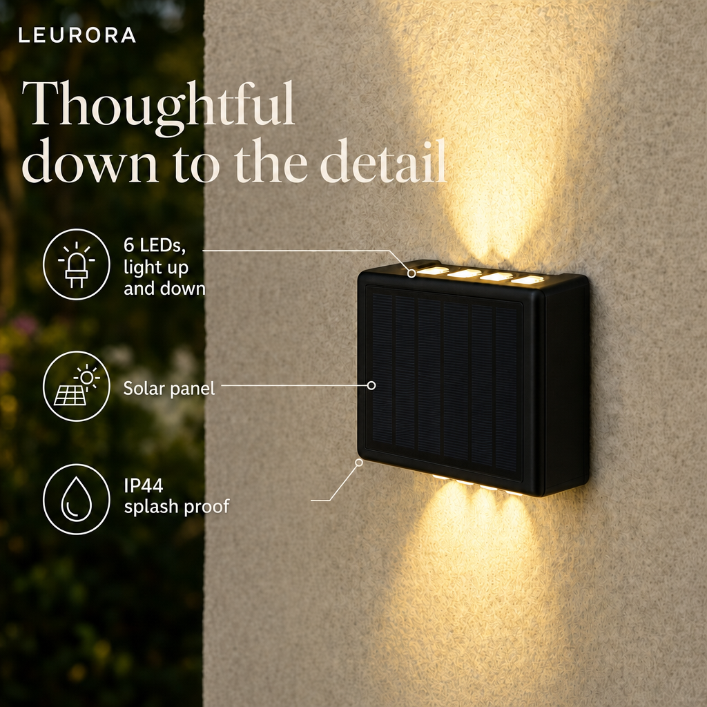 SolarGlow details: solar panel, 6 LEDs with light up and down, IP44 splash proof