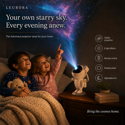 Boy and girl in bed amazed by the starry sky of the Astronaut projector in the kids room, galaxy projection with remote control
